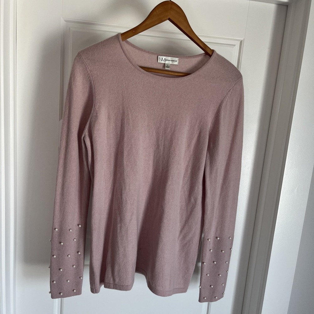 Neiman Marcus Cashmere Sweater Faux Pearl Sleeve L Minimalist 90s Chic Classic